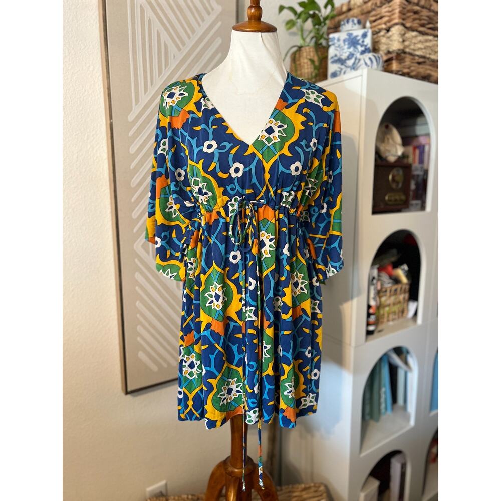 Nieves Lavi Womens‎ Colorful Groovy 100% Silk Kaftan Cover Up Dress Sz M Resort